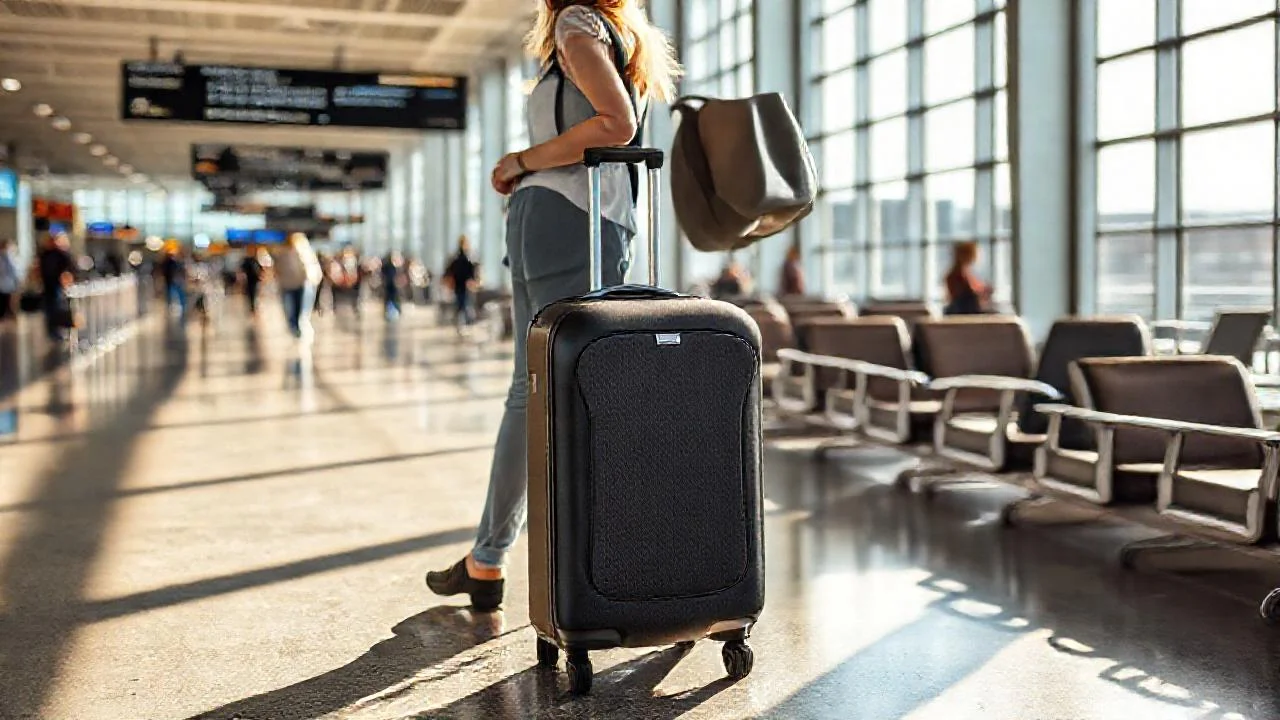 Viajera lista, aeropuerto en movimiento