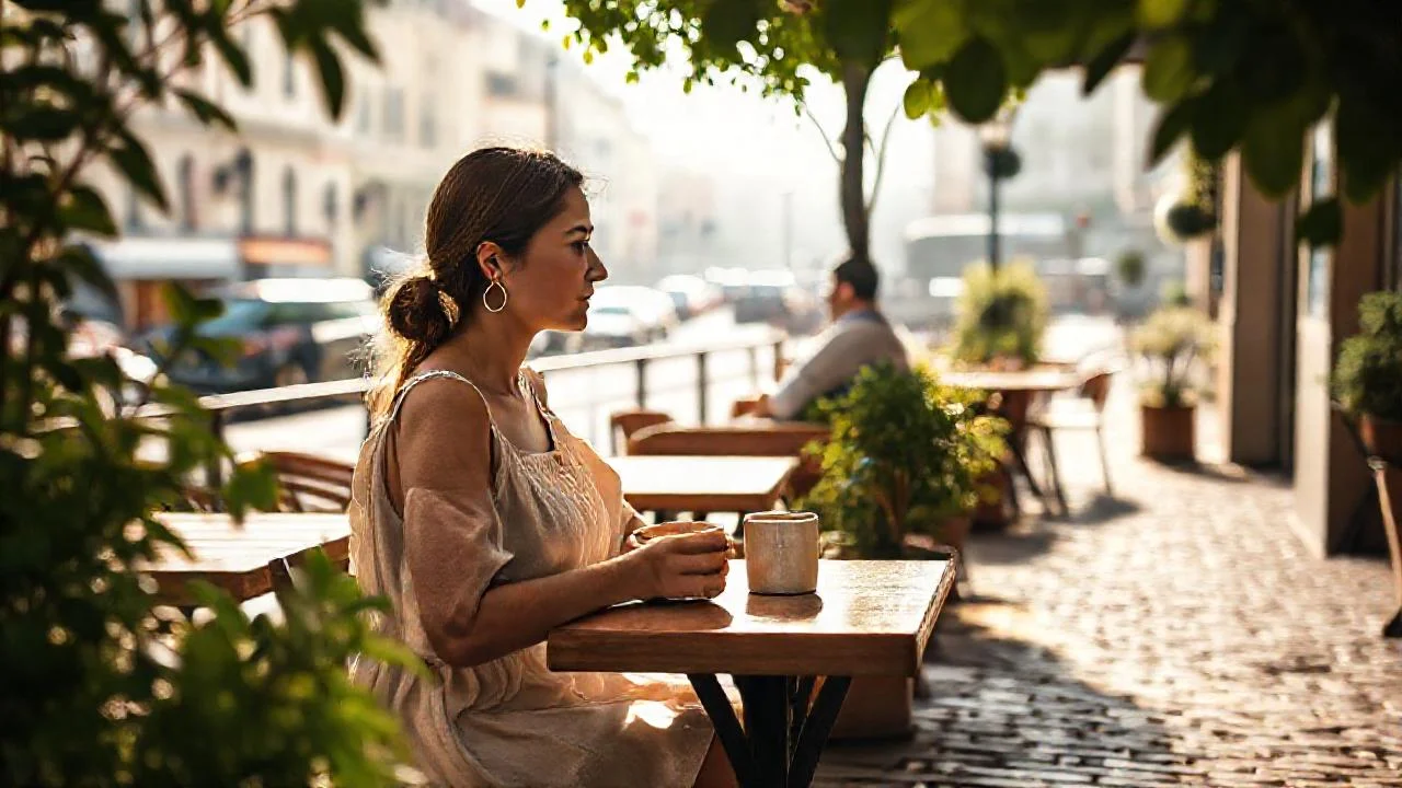 Café tranquilo, luz cálida y serena