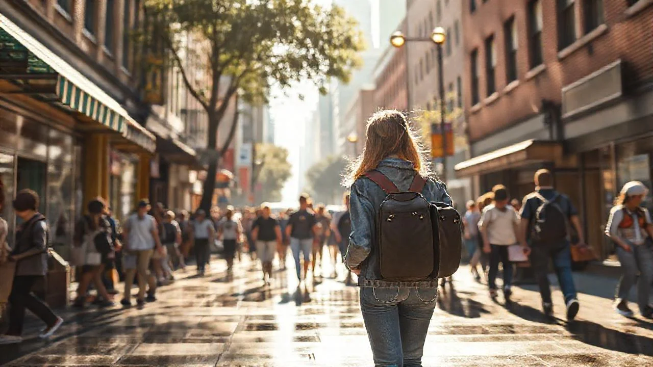 Ciudad vibrante bajo luz diáfana