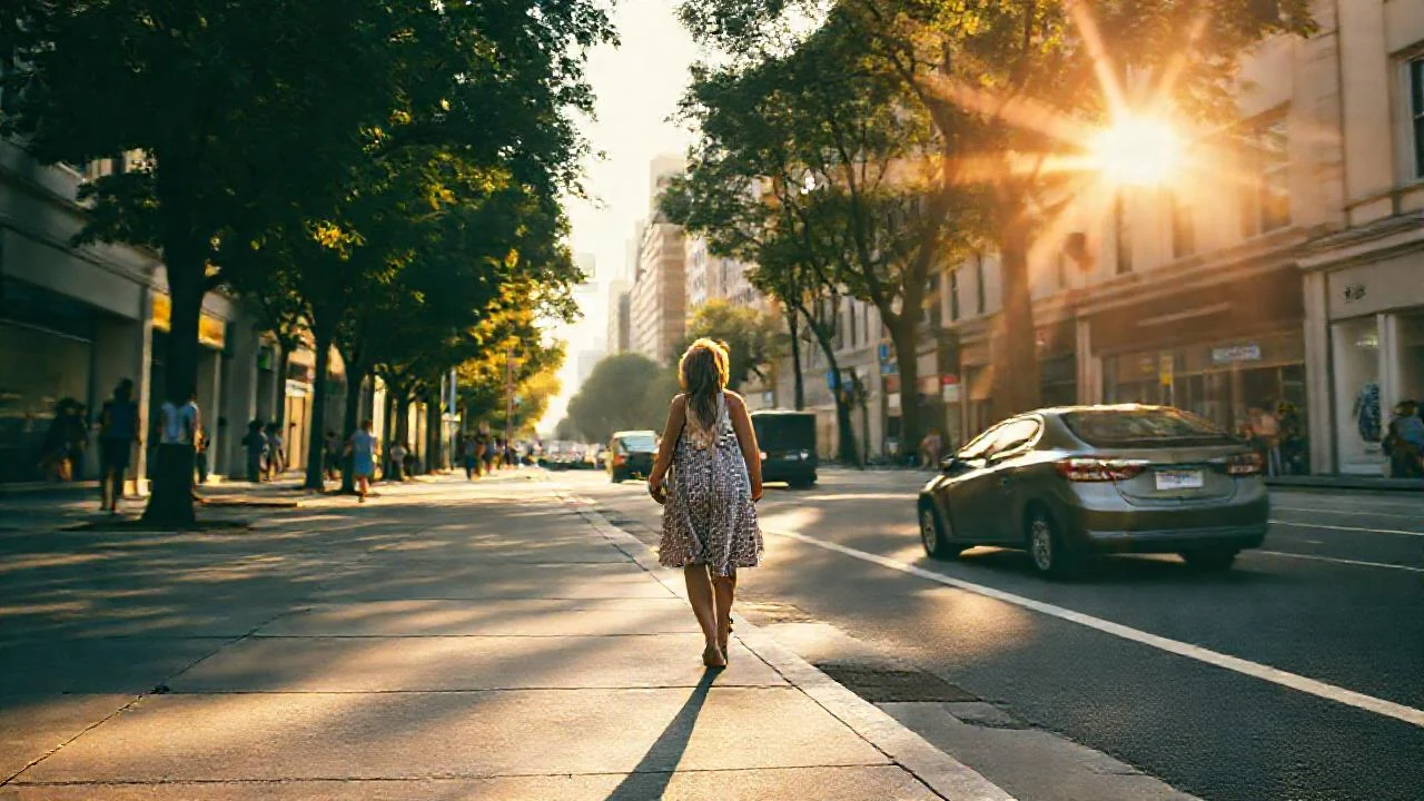 Ciudad vibrante bajo luz diáfana