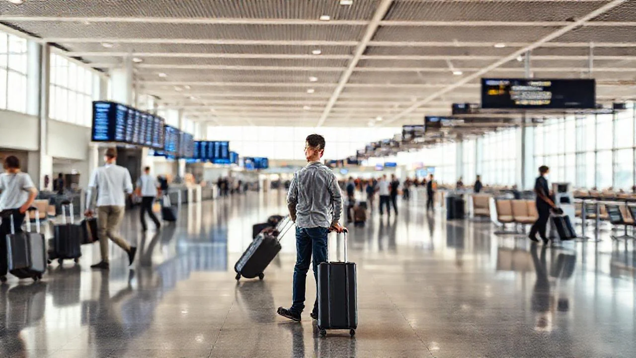 Aeropuerto bullicioso, movimiento constante y luz tenue