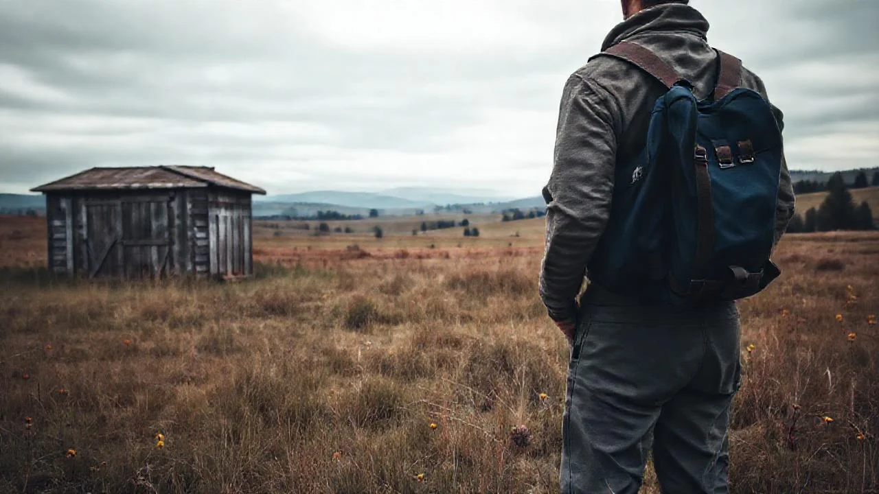 Hombre solitario en paisaje rural tranquilo