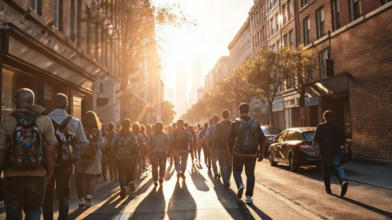 Ciudad vibrante bajo luz cálida