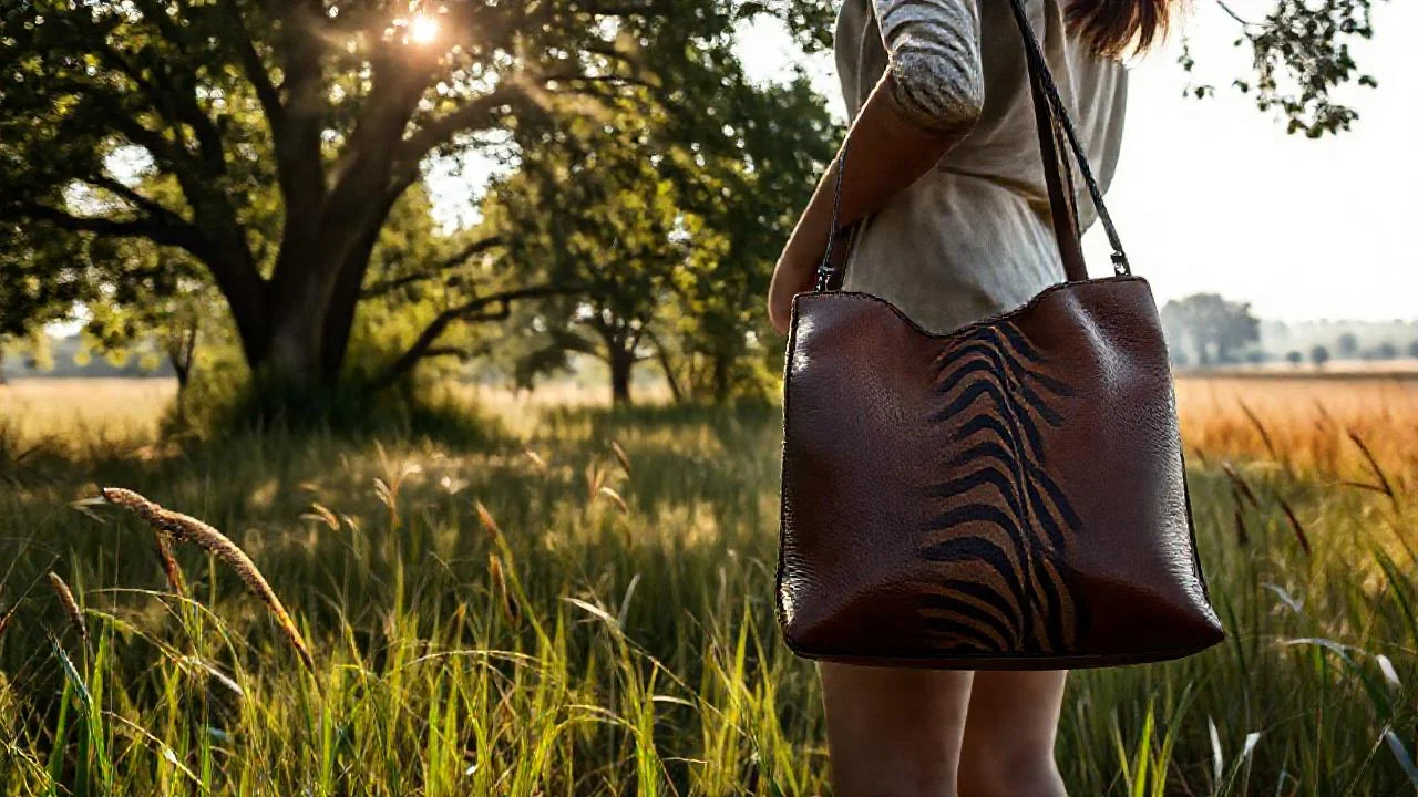 Mujer en la naturaleza, bolso distintivo