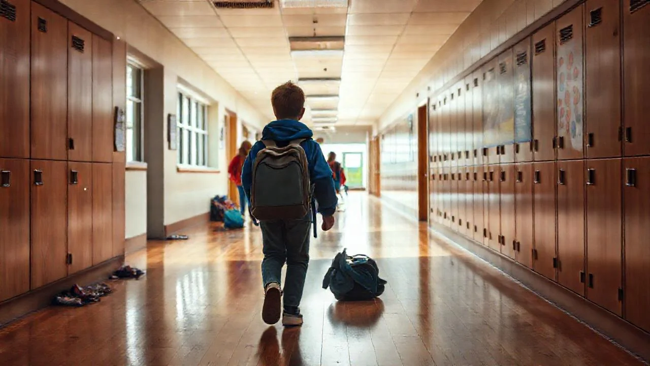 Un estudiante camina en pasillo escolar