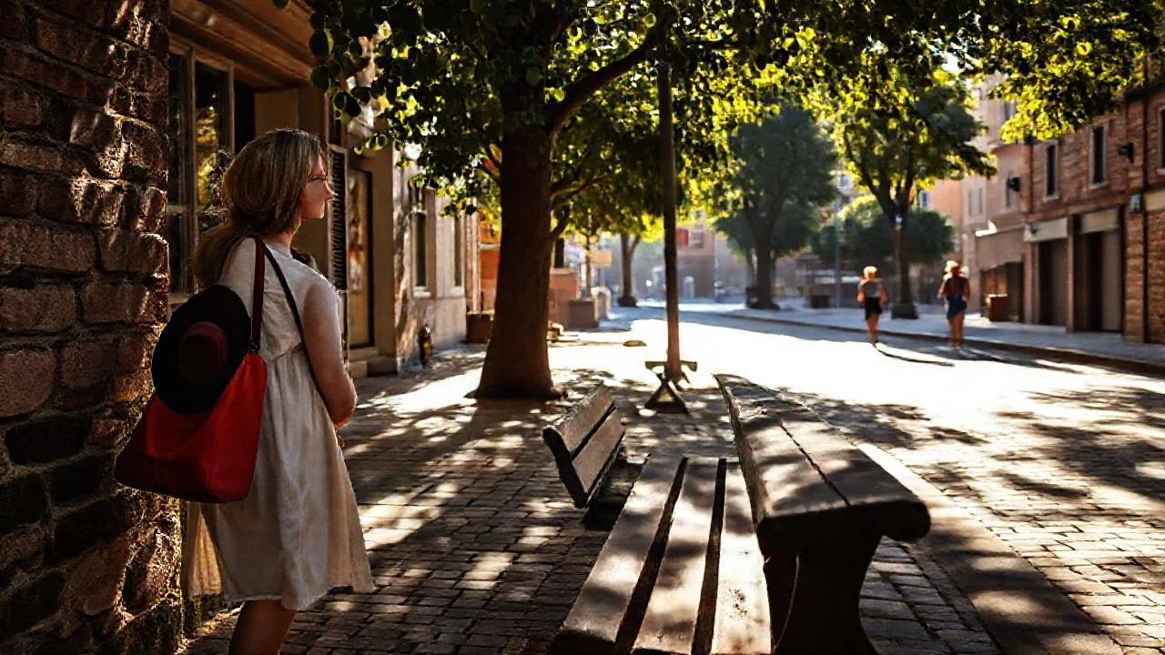 Sol cálido, calle tranquila y colorida