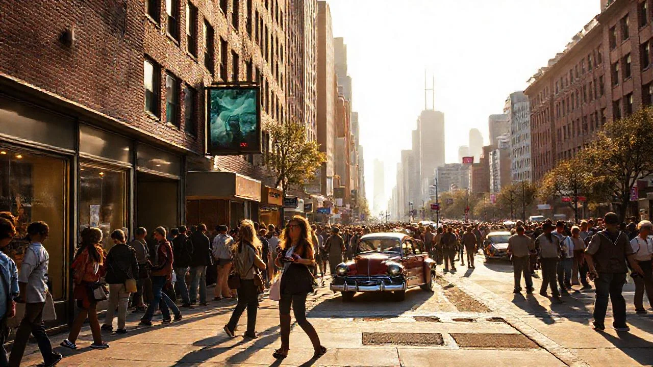 Ciudad vibrante, luz y movimiento urbano
