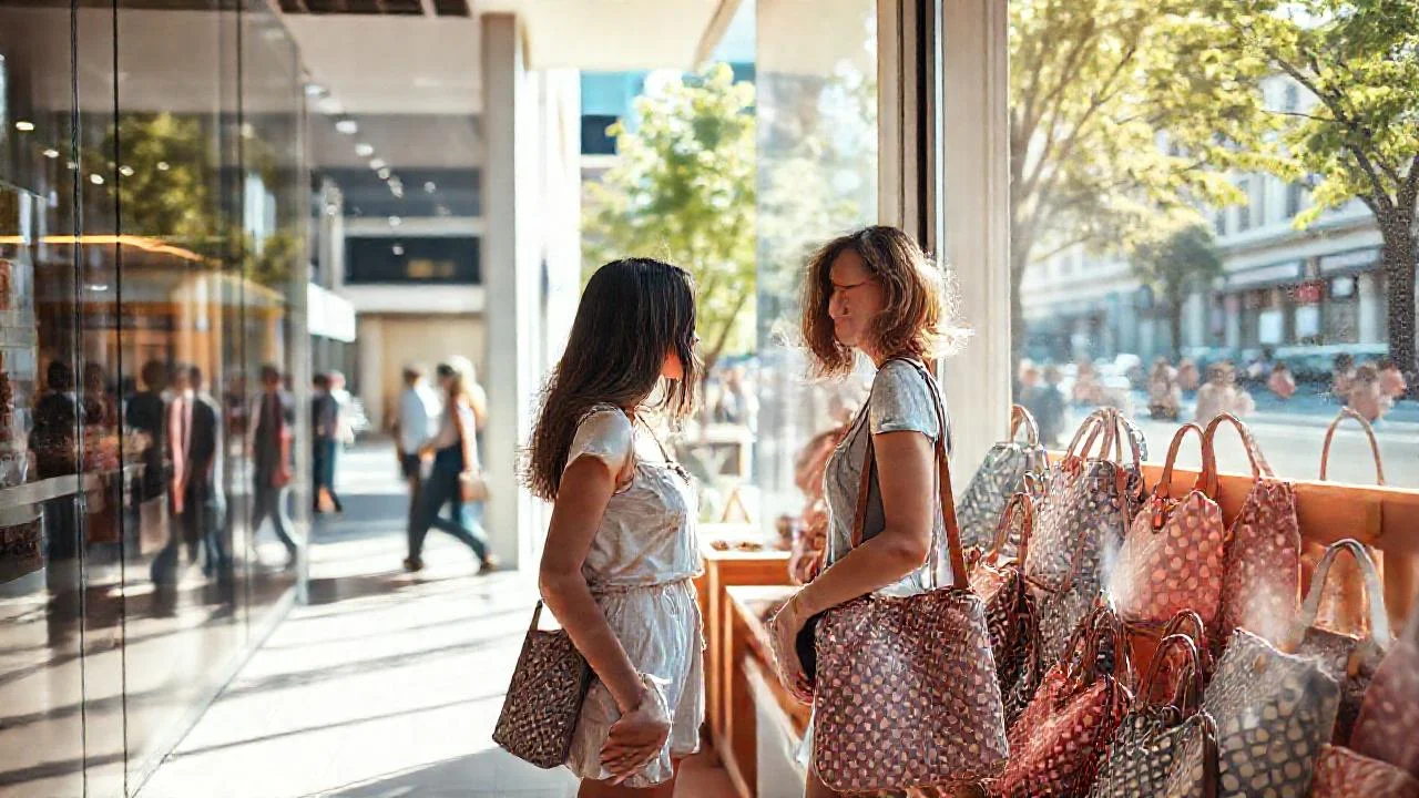 Tienda de bolsos, luz y ciudad