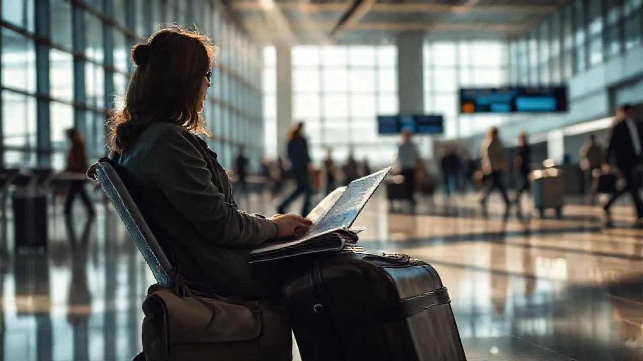 Aeropuerto amplio, luz y movimiento