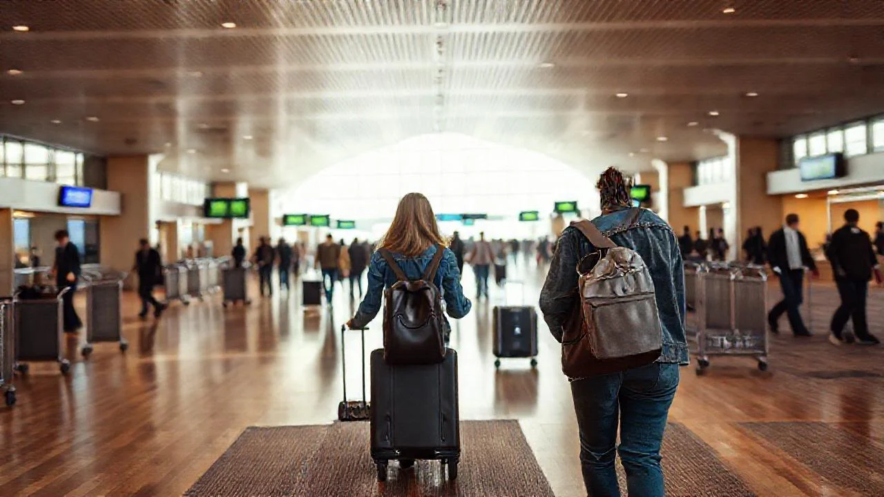 Aeropuerto vibrante, movimiento y espacio amplio