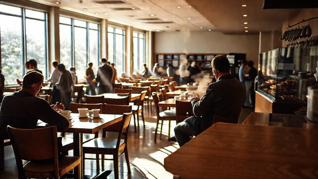 Cafetería vibrante, luz y actividad