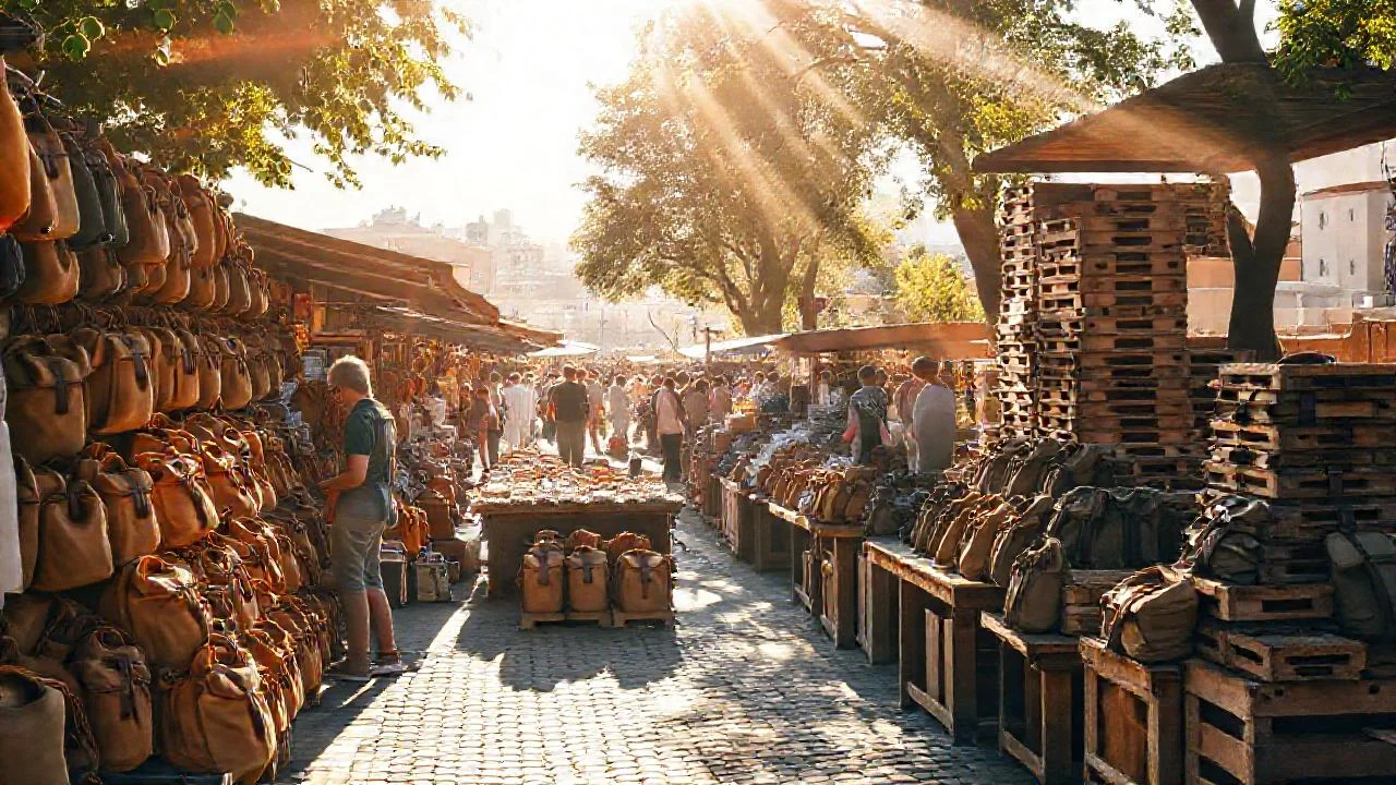 Mercado soleado, vibrante y lleno de vida
