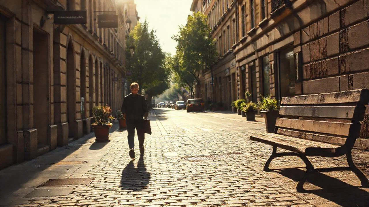 Ciudad europea tranquila, luz dorada y calma