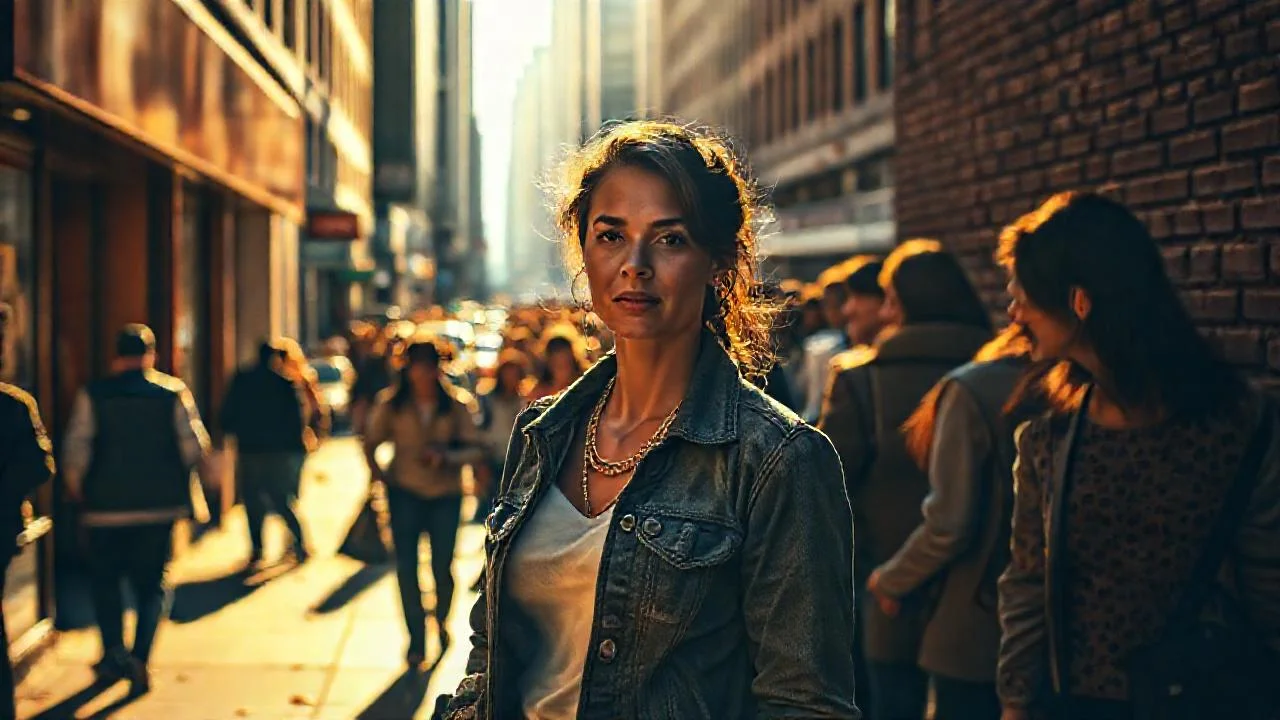 Ciudad vibrante, luz dorada y movimiento
