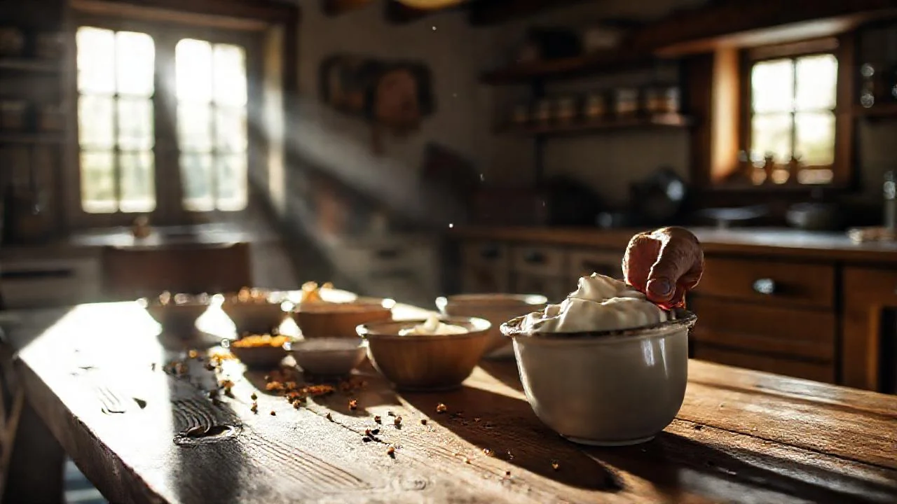 Luz cálida ilumina una cocina rústica