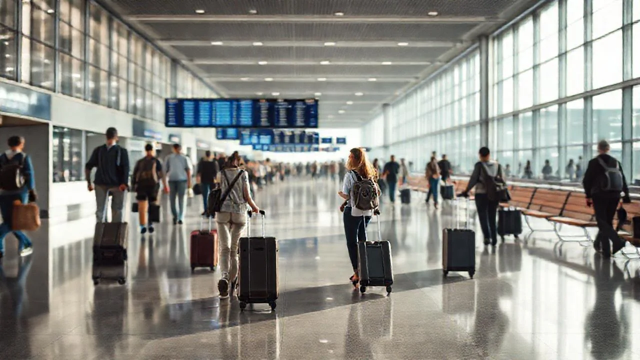 Aeropuerto bullicioso y lleno de viajeros