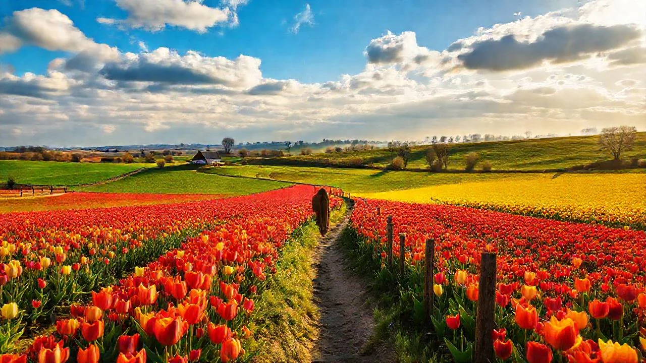 Campos de tulipanes bajo luz cálida