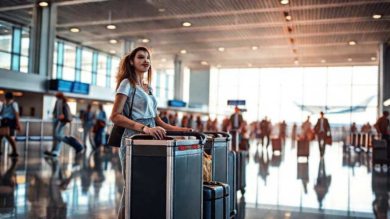 Aeropuerto bullicioso, viajeros en movimiento