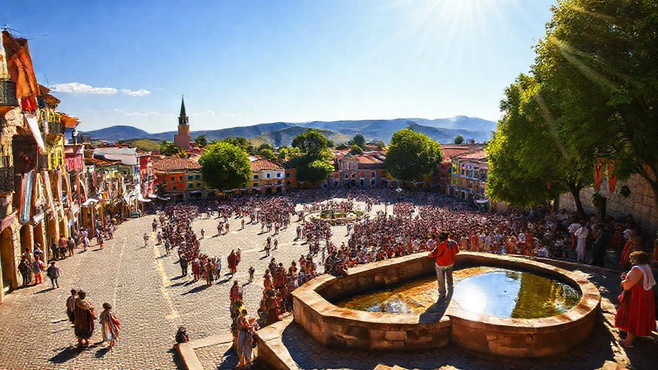 Plaza vibrante, sol y celebración