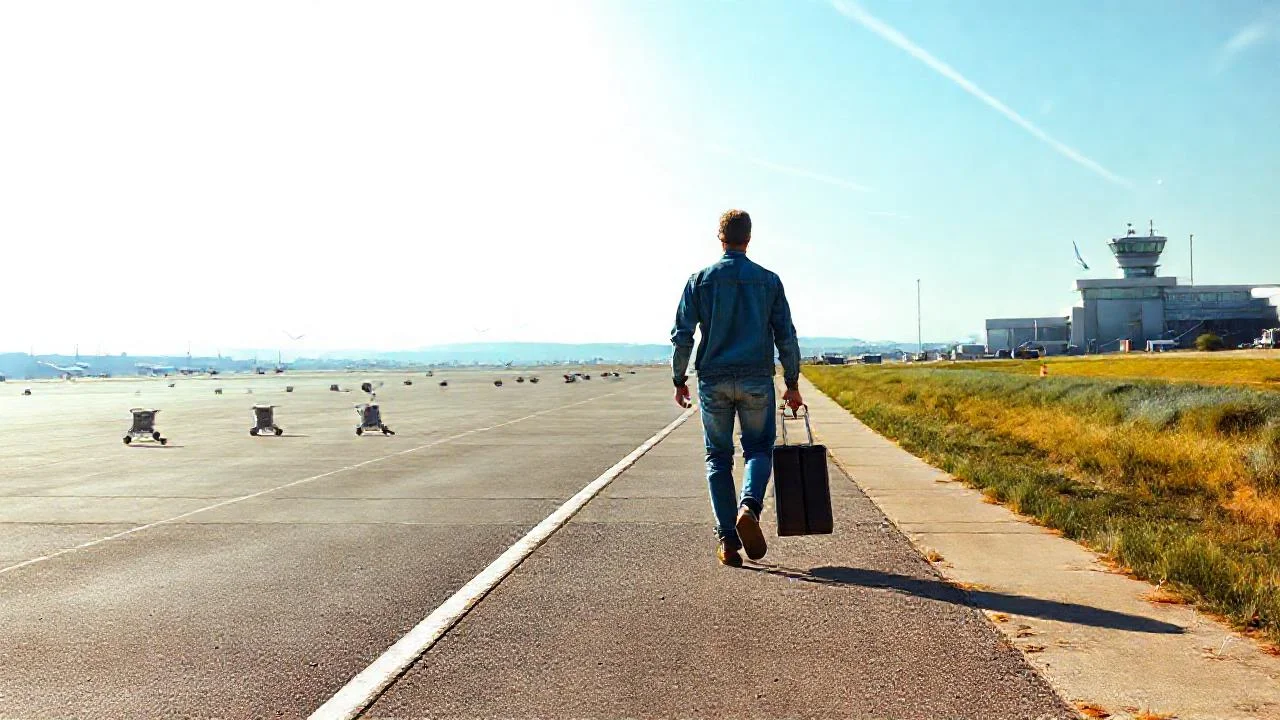 Un solitario caminante en aeropuerto tranquilo