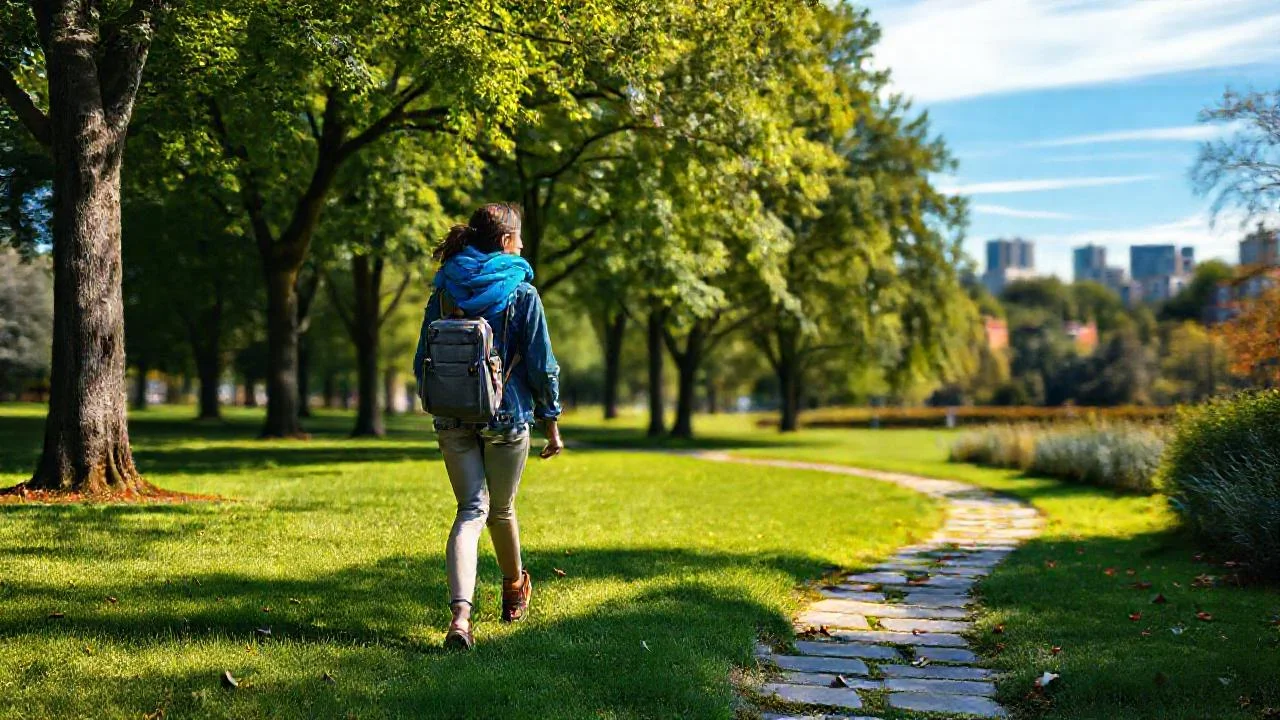 Mujer camina en un parque sereno