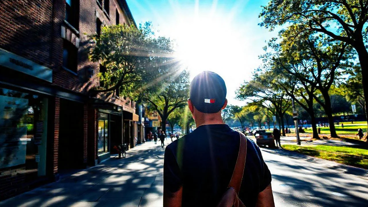 Sol ilumina un paseo urbano tranquilo