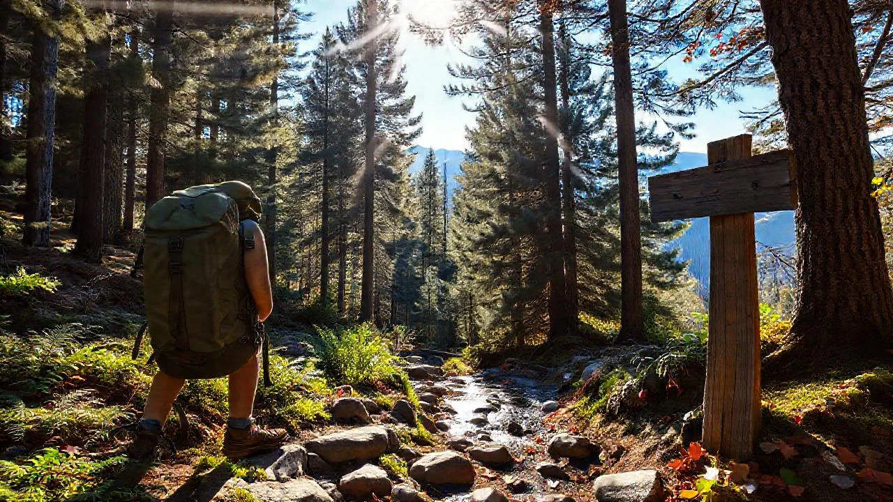 Hiker observa un bosque sereno