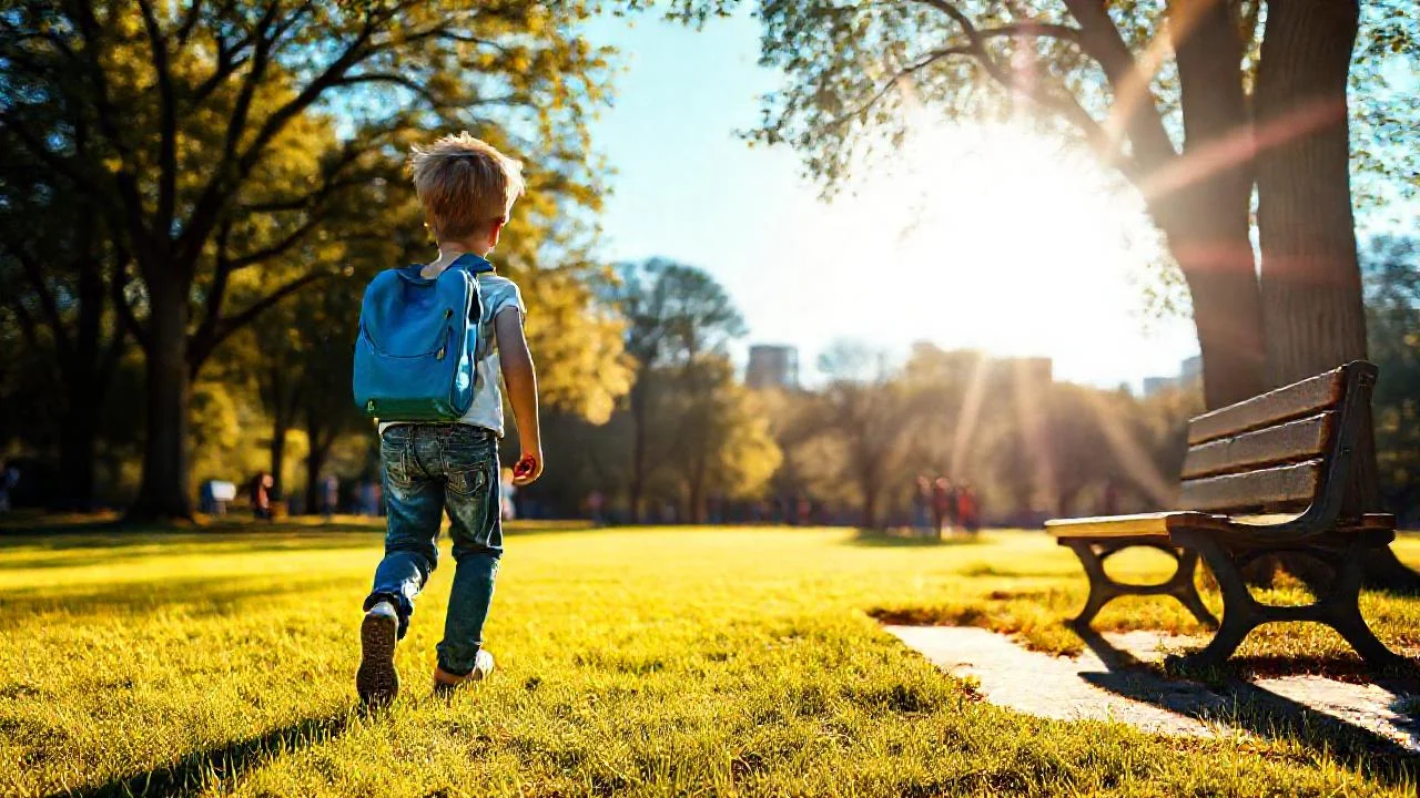 Un niño camina en un parque sereno
