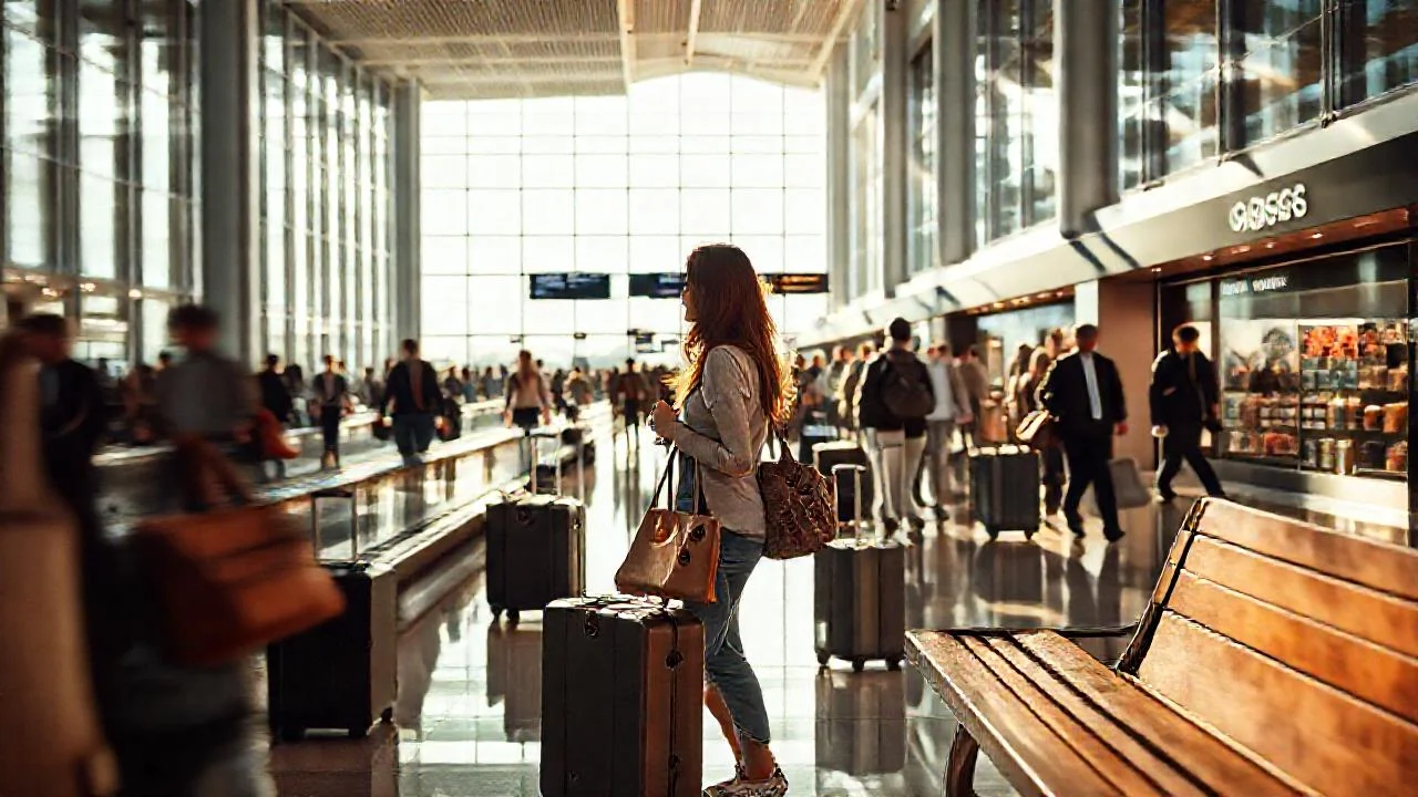 Aeropuerto bullicioso, movimiento constante y viajeros