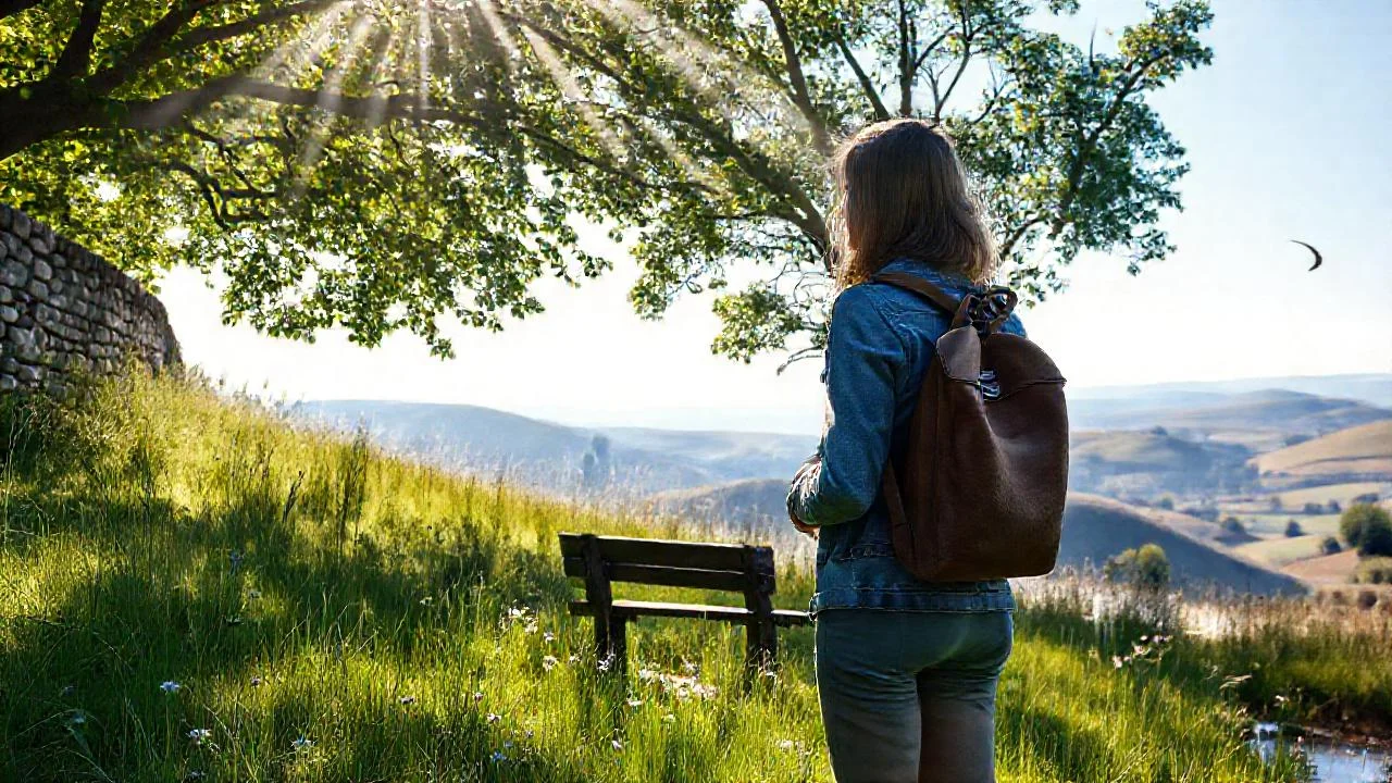 Una joven contempla un paisaje sereno