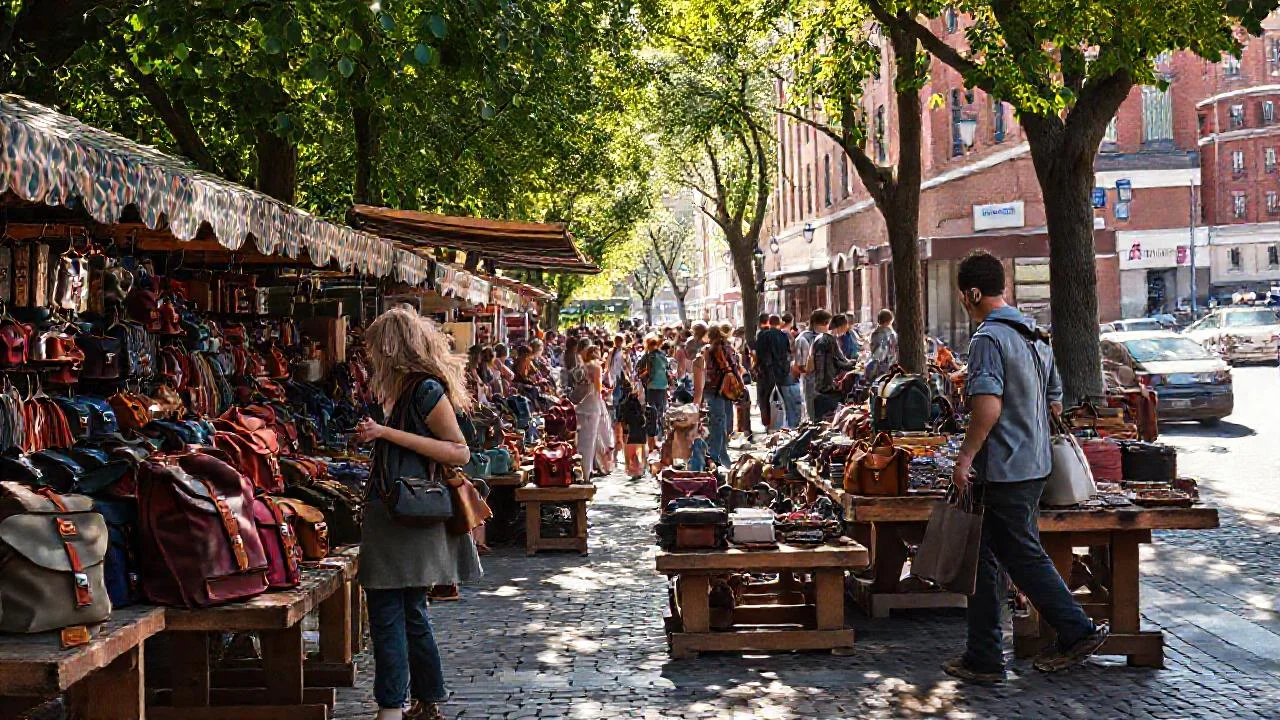 Mercado animado exhibe bolsos y vida