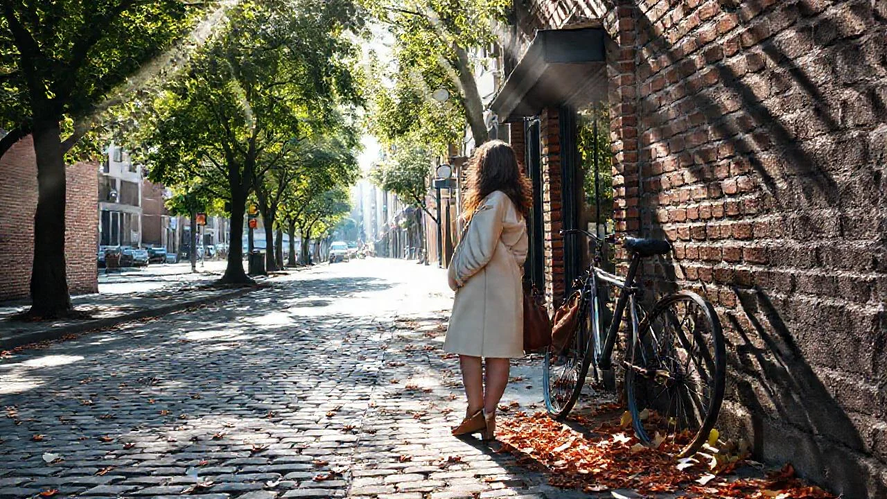 Una mujer observa una calle otoñal