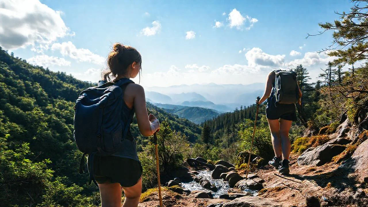 Mujer camina en montaña, luz natural