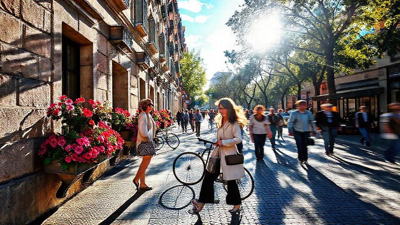 Madrid bulliciosa bajo sol brillante