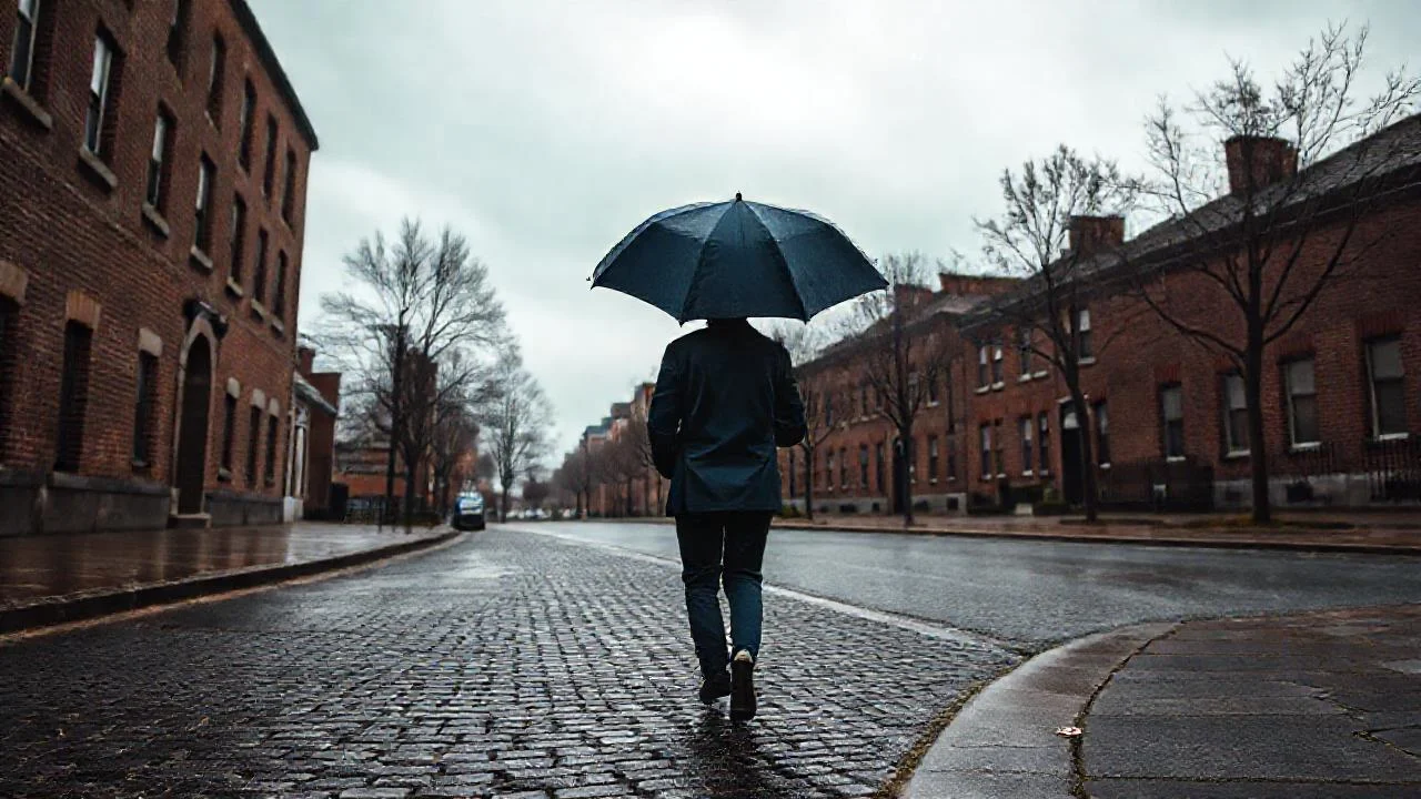 Lluvia, sombras, y vida urbana tenue