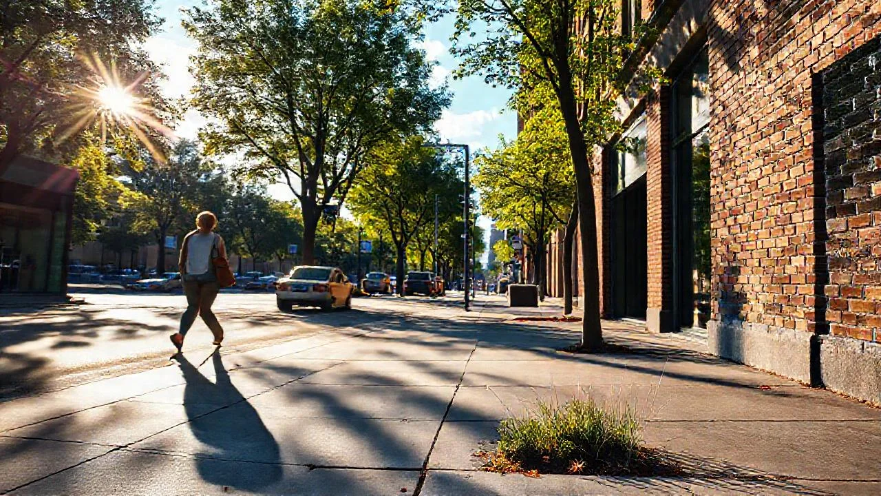 Ciudad vibrante bajo un sol cálido