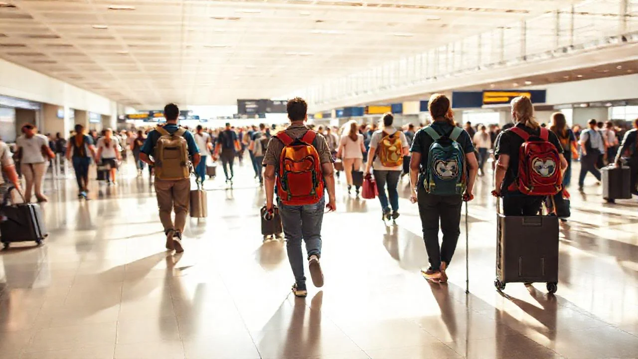 Aeropuerto vibrante, movimiento y viajeros