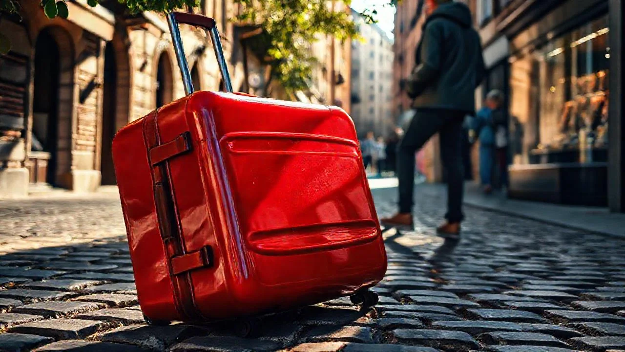 Maleta roja en calle europea