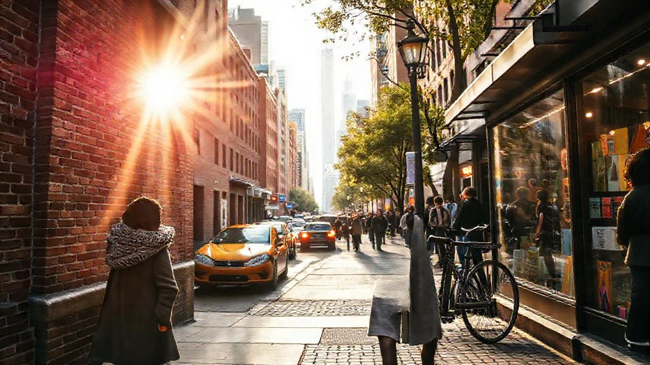 Ciudad vibrante, luz cálida y movimiento