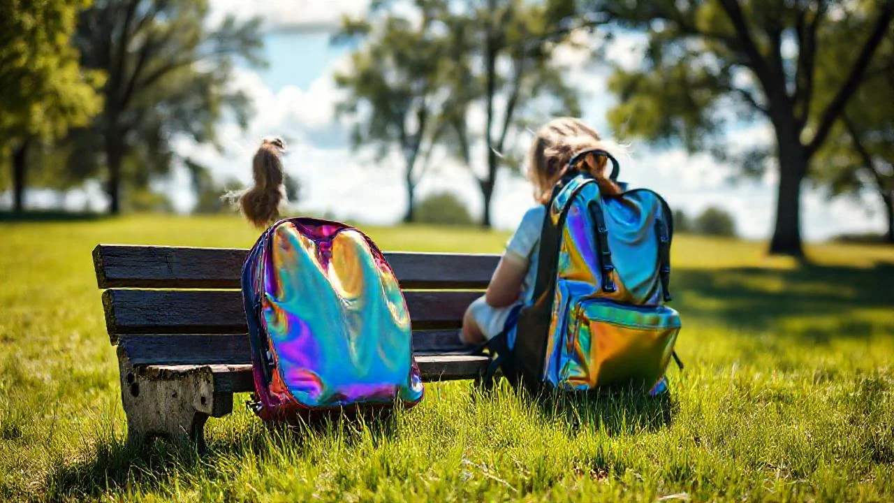 Niña y mochila brillan en parque