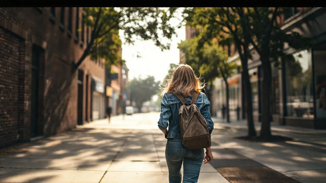 Una joven camina por una calle tranquila