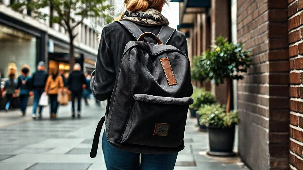 Ciudad moderna, mujer, mochila, luz tenue