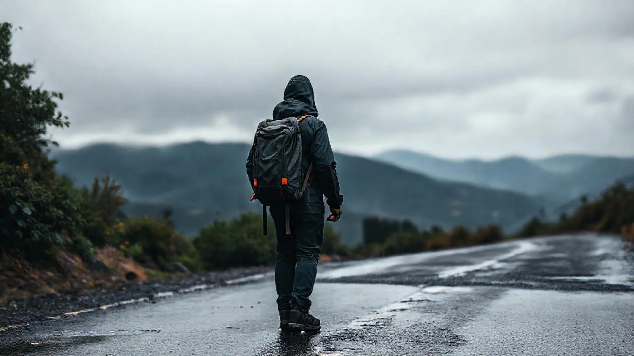 Un solitario caminante en paisaje húmedo