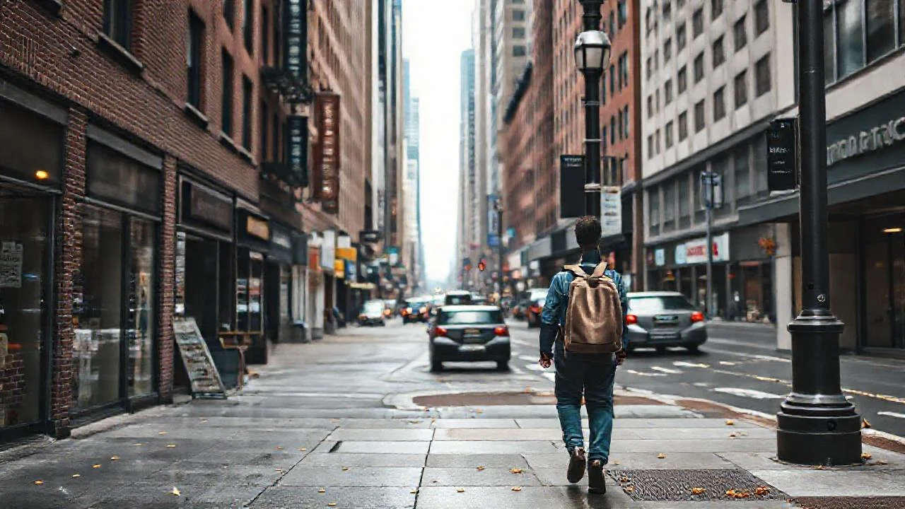 Ciudad vibrante bajo cielo nublado