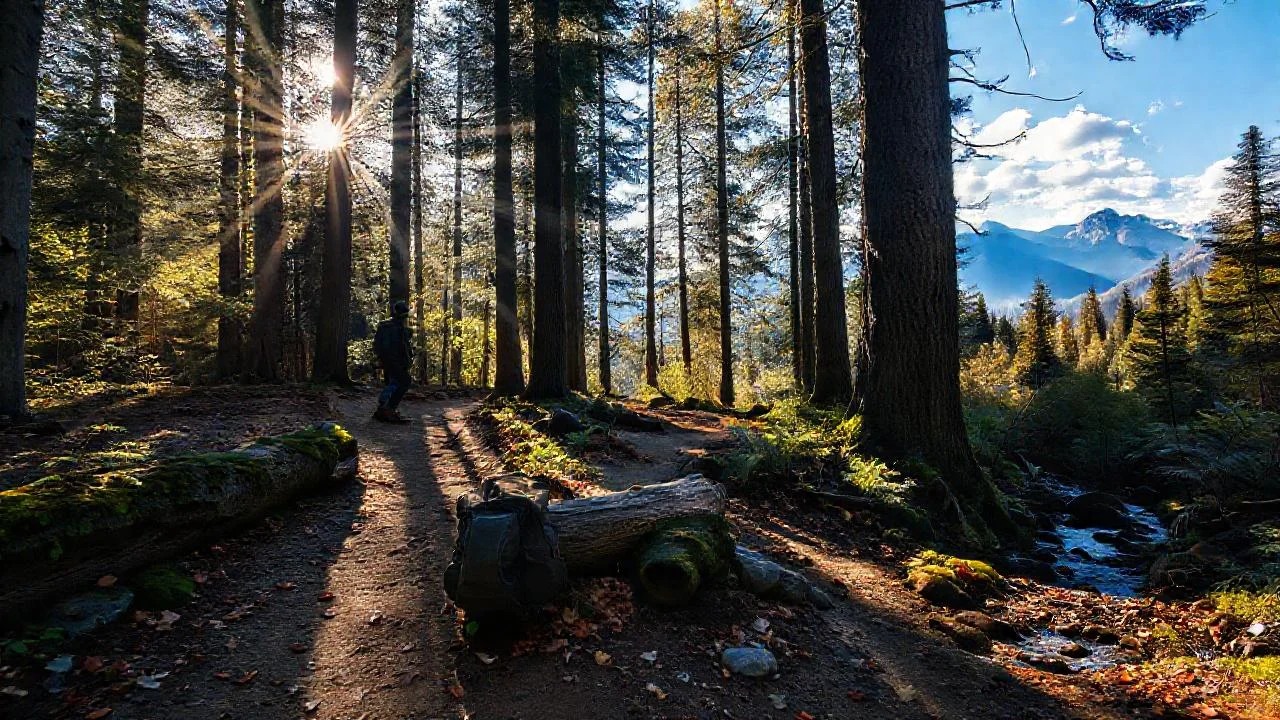 Bosque sereno, luz cálida, sendero profundo