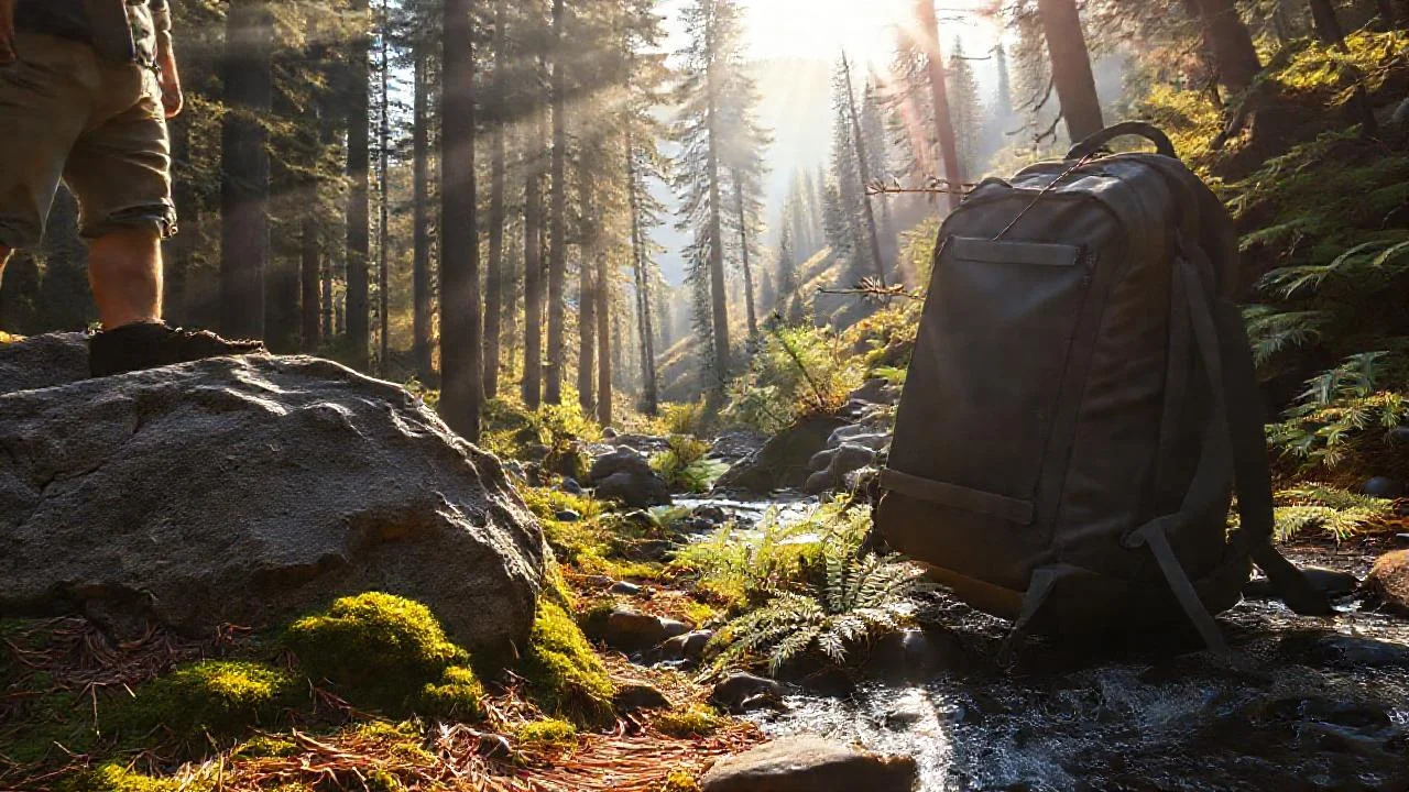 Hiker contempla un bosque sereno y distante