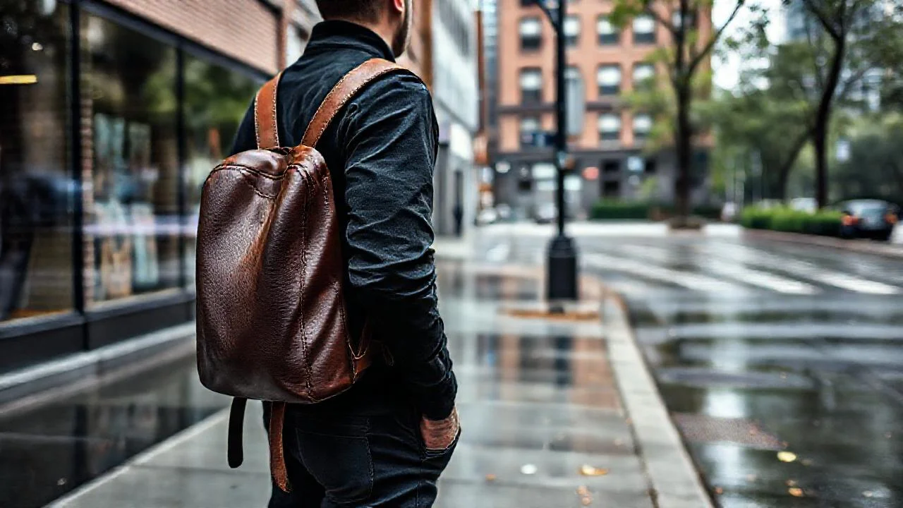 Ciudad húmeda, hombre solitario y reflejos