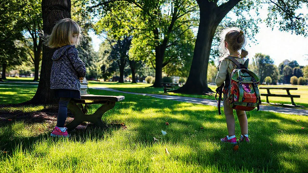 Parque tranquilo, niña y luz cálida