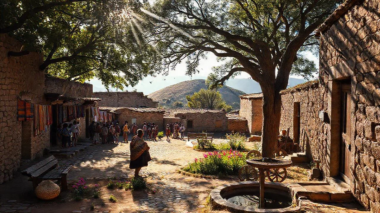 Pueblo tranquilo bajo sol moteado