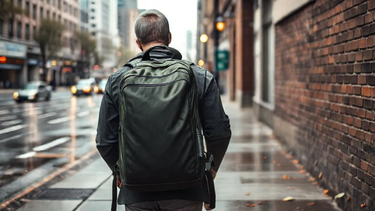 Ciudad lluviosa, mochila y movimiento urbano